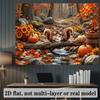 2D Plane, Autumn Harvest Theme Banner Background Fabric, Featuring Two Squirrels and Pumpkins