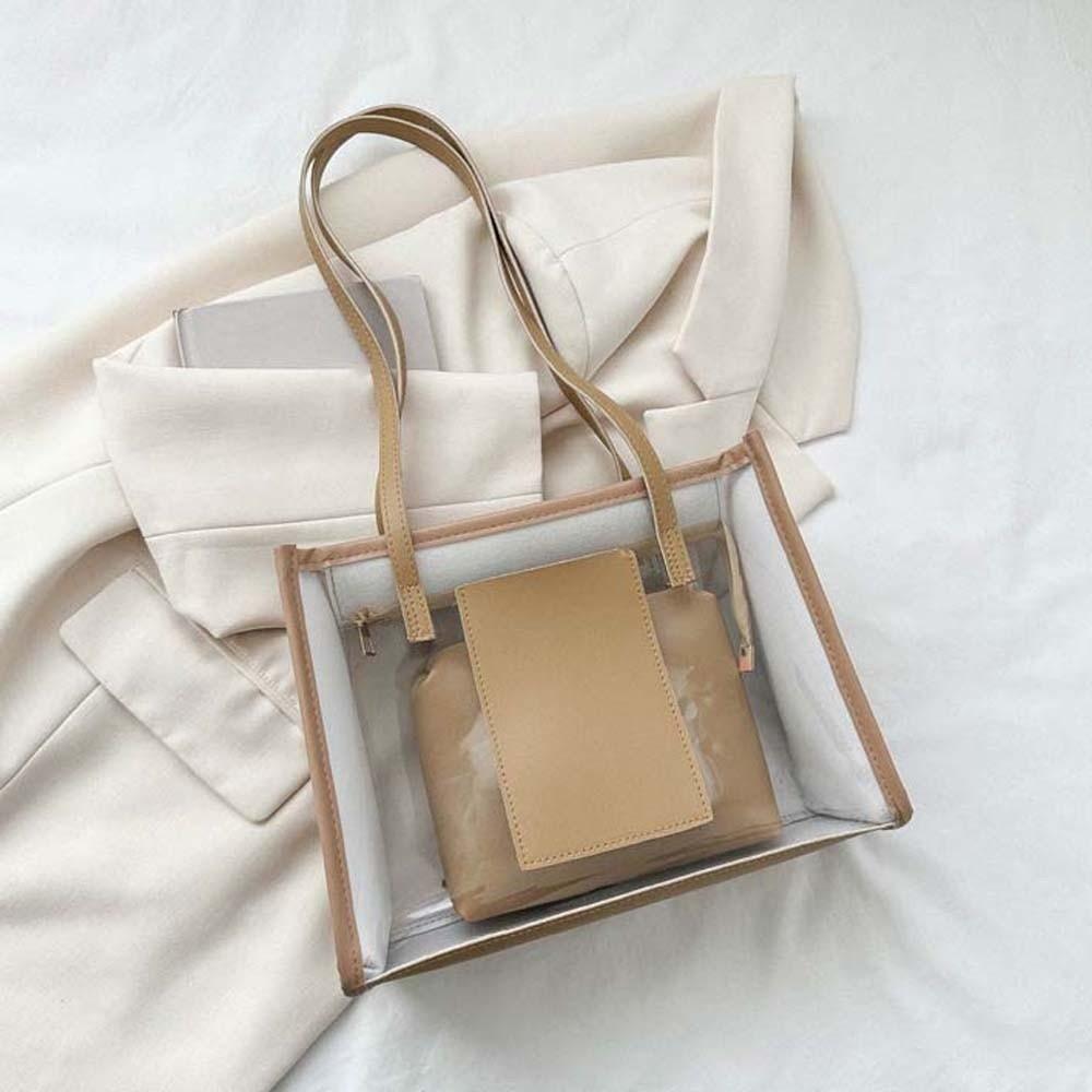 2pcs/set Large Capacity Transparent Jelly Bag PU Leather Handbag PVC Composite Tote Bags Women