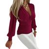 Femei, cu decolteu în V adânc, plisat, retro, cu mânecă lungă, cu mânecă lanternă, slim Fit OL Commute Top