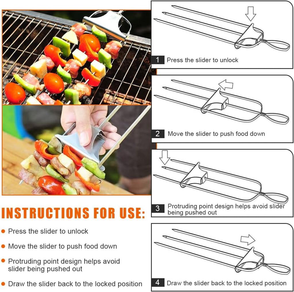 1/3PcSkewer Sticks Kabob Sticks for Grilling 14'' 3 Way Grill Skewers Metal Barbecue Skewers with Push Rod Sliders BBQ Accessory