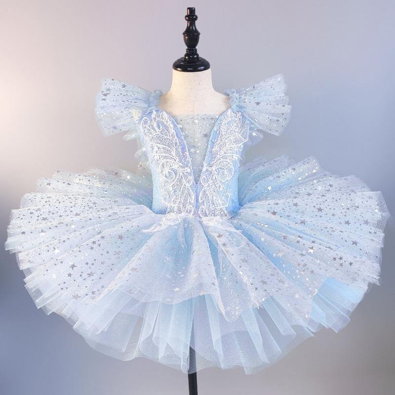 Vestido de Balé de Lantejoulas Infantil Roupas de Apresentação Prata Saias de Dança Moderna para Meninas Tutu de Balé Infantil Vestidos de Festa de Princesa Fantasias