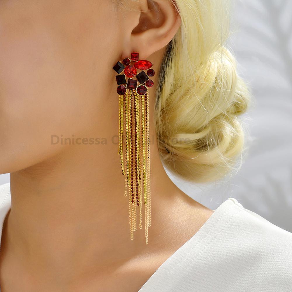 

Vintage Luxury Long Tassel Chain Earrings for Women Trendy Dangle Drop Wedding Party Jewelry Ear Accessories червоний