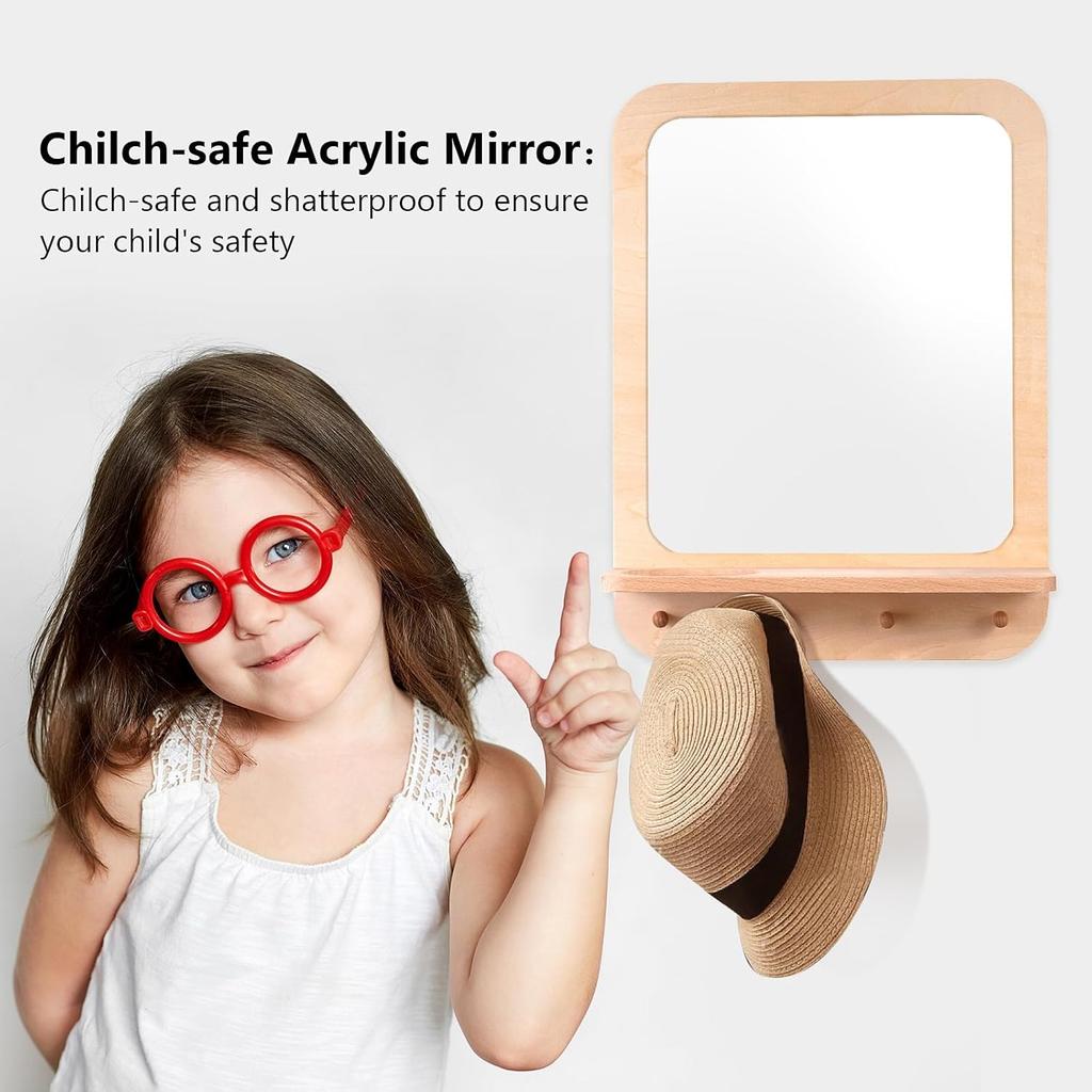 Wooden and Acrylic Wall Mirror for Kids with Hooks and Shelf, Baby Safety Shatterproof Entryway Acrylic Wall Mirror, Unbreakable Wood Frame Toddler
