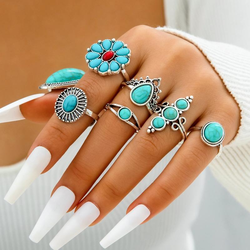 European and American Ethnic Style Carved Feather turquoise Ring Retro Personality Ring Set Combination Ring Set