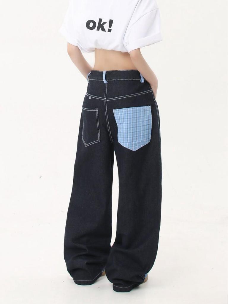 Jeans Rectos con Puño de Patchwork Cuadros Americanos - Pantalones Casuales Retro de Verano para Mujer