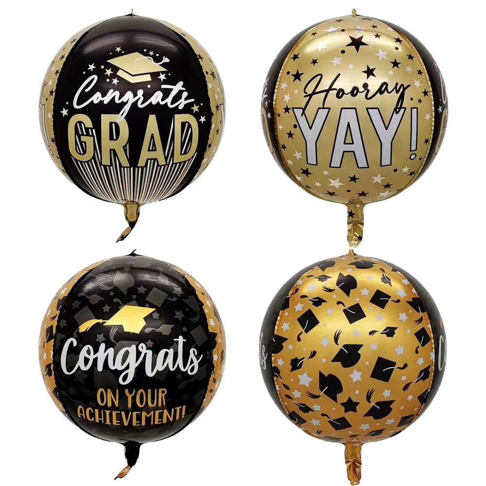4-Pack, 22-Inch 4D Round Balloons with Gold and Black Graduation Lines, 22-Inch 4D Graduation Cap Balloons, 2 Aluminum Foil Balloons, Suitable Other