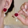 Vintage Wine Red New Year Earring Geometric Autumn Winter Earring Rose Pearl Ear Studs Sweater