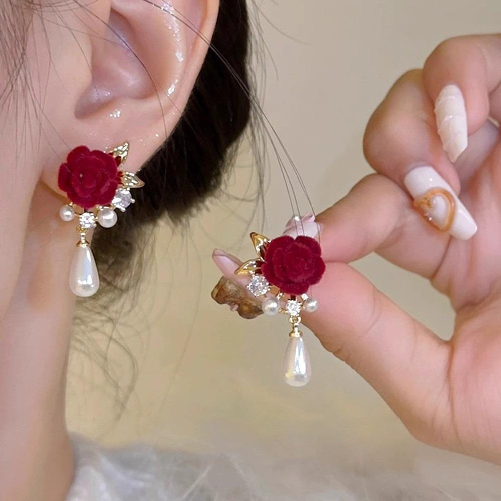 Geometric Wine Red New Year Earring Vintage Autumn Winter Earring Rose Pearl Ear Studs  Women