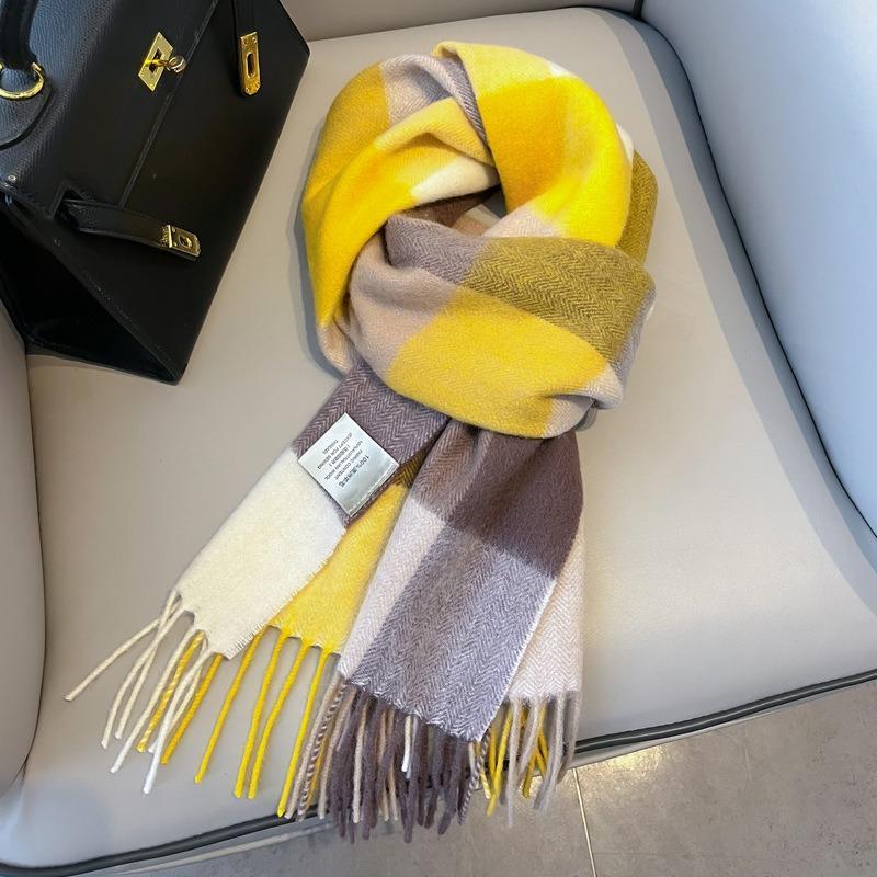 Camel brown 100 pure wool plaid scarf khaki women's winter thickened warm fringed shawl scarf
