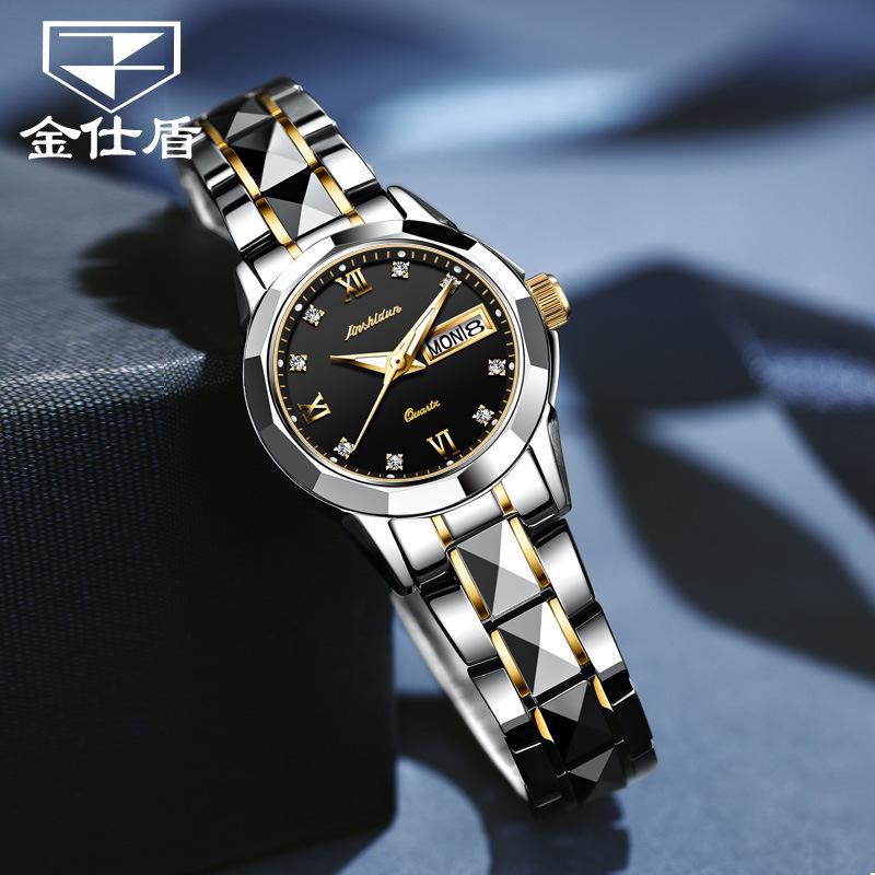 JINSHIDUN New Business and Leisure Ladies Watch Single Calendar Tungsten Steel Mechanical Watch Luminous Waterproof High-end Watch