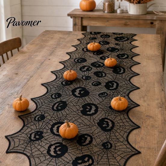 Halloween Centerpiece Runner Table Runner, 70 X 15 Inch Black Lace Spider Web Dark Spooky Gothic Pumpkin Dinner Decoration for Kitchen Decor,