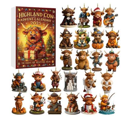 Highland Kuh Adventskalender 2025 24 Stück Highland Kuh Figuren Hängende Ornamente für Weihnachtsbaum Heimdekoration