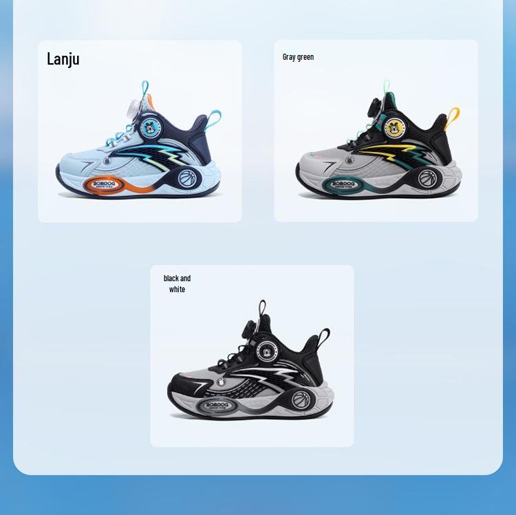 Babudou Boys' Autumn Leather Breathable Sneakers - Mid-Large Child Basketball Shoes with Rotary Button, Ideal for Running.