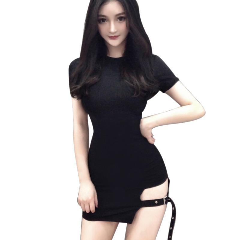 

Lady s O Neck Asymmetrical Sexy Short Sleeve Side Split Bodycon Dress One Size чёрный