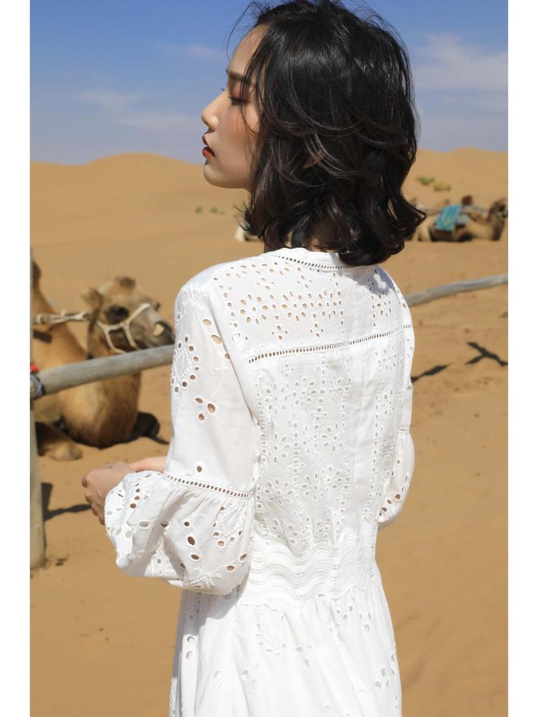 Spring/Summer 2025 Women's White Pure Cotton V-neck A-line Long Dress - F2075