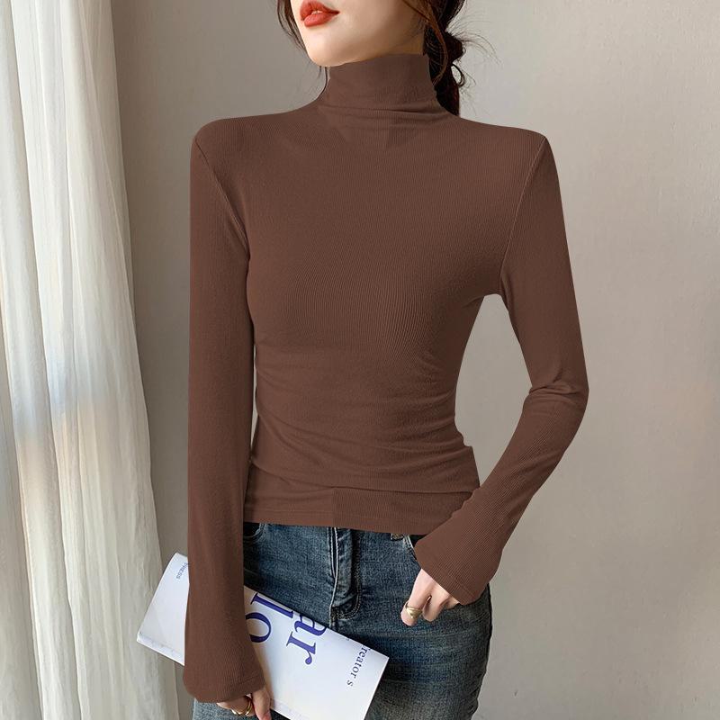Women's Half-High Collar Ribbed Shirt: Mid-Length Sleeves, High Elasticity, Perfect for Autumn/Winter.