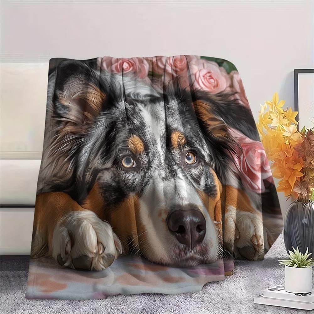 Australian Shepherd and Roses,pattern Flannel Blanket, High quality Comfortable for All Seasons, Home Decor, Warmth and Comfort, Perfect for Gifts.
