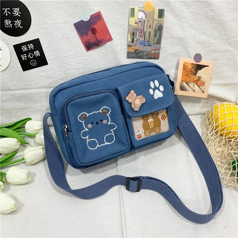 Fashion Canvas Small Bag Japanese Ins Women Shoulder Bag Cute Funny Personality Embroidery Bear Teenager Girl Student Transparent Messenger Bag