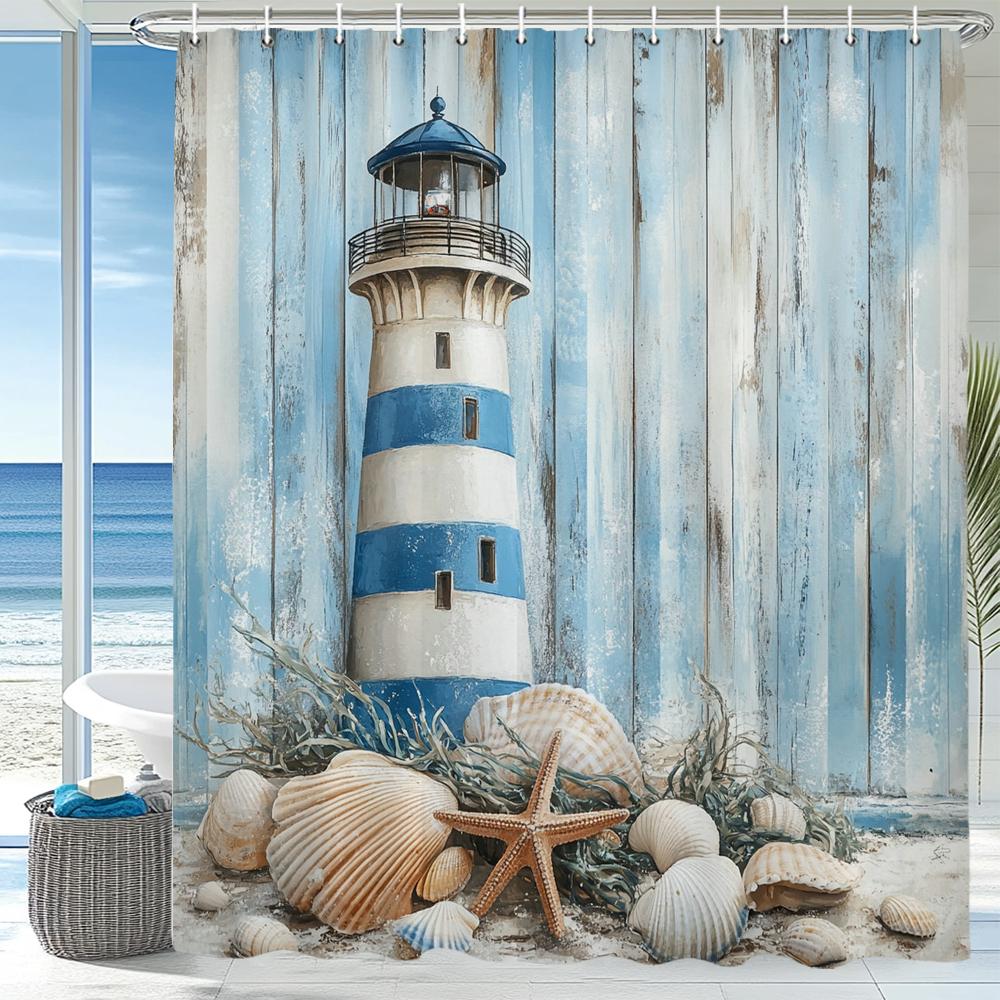 Textile Article Light Ocean Beach, Seaside House Scenery Shower Curtain, Bathroom Decorative Shower Curtain,Home Curtain With Hooks