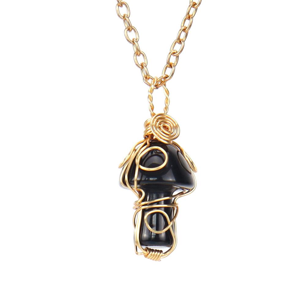 Handmade Gold Winding Crystal Tiger Stone Agate Small Mushroom Pendant Necklace Jewelry N588