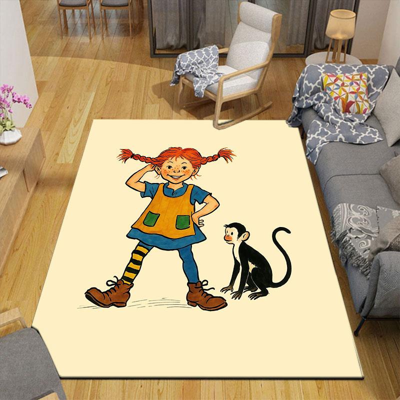 Pippi Cartoon Flannel Printed Carpet, Home Sofa Decoration for Living Room & Bedroom, Non‑Slip Play Flannel Floor Mat for Game Room