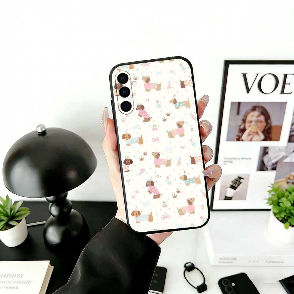 Cute Dachshund Cartoon Phone Case For Samsung Galaxy A73,A72,A71,A70,A53,A52,A51,Others Soft Black Cover