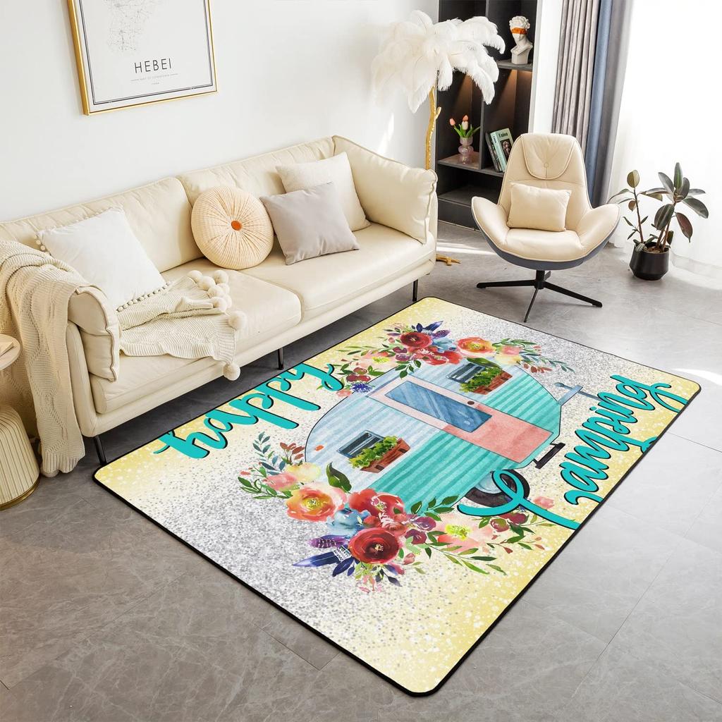 Happy Camping Living Room Rugs,Rv Car Area Rug,Vintage Farmhouse Style Non Slip Carpet, Camper Indoor Floor Mat for Travel Lover