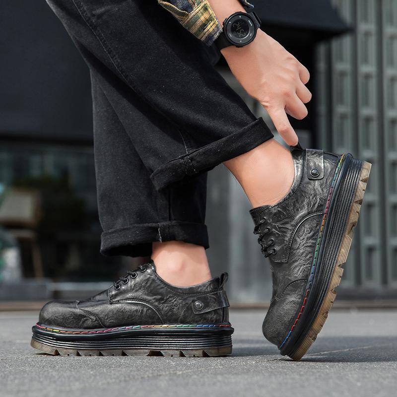 Large Size Round Toe Leather Shoes Men's Thick Soled Fashionable Low Top Casual Shoes