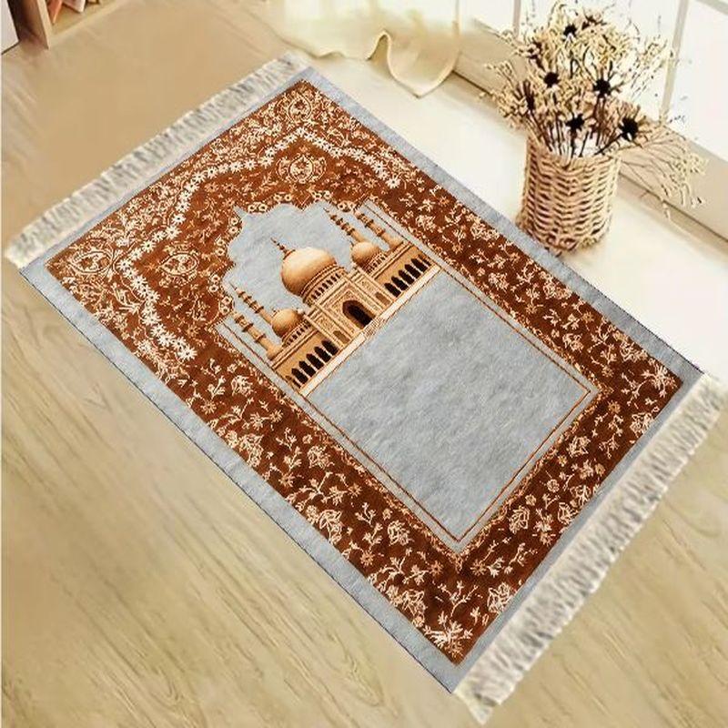 Tapis de Salat Islamique en Velours Motif Floral Bleu Vintage Arches de Mosquée Tapis de Prière Portable Antidérapant Décoration de Maison pour l'Aïd Cadeau
