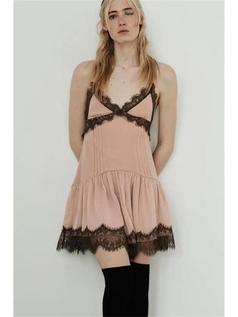 Sweet & Spicy Lace Patchwork Sleeveless Camisole Dress with Contrasting V-Neck Mini Skirt