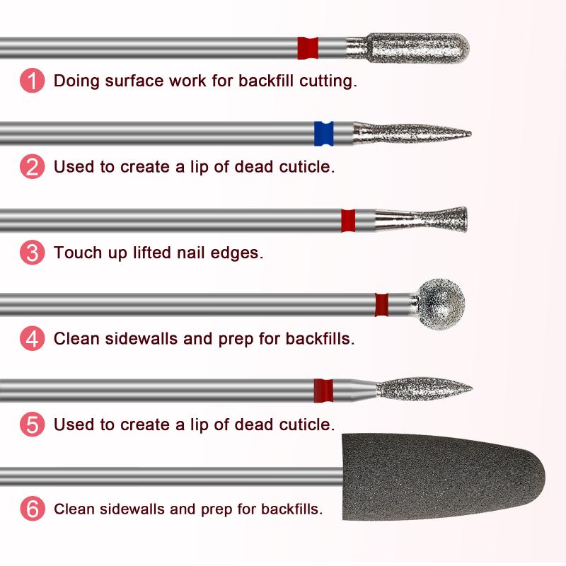 6Pcs Diamond Sand Nail Drill Bits Multi Functional Cuticle Polishing Set for Electric Manicure File Nail Care Routine Use