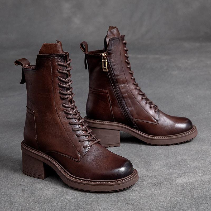 Fashion 2025 Handmade Retro High Heel Boots Women Autumn Winter Full Cow Leather Round Toe Zipper Trend Warm Mid-Calf Boots Female
