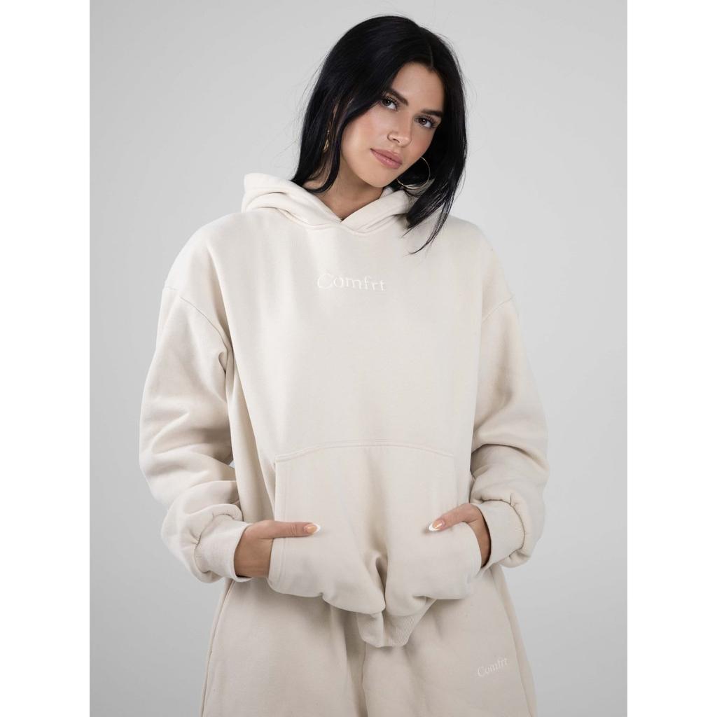 Comfrt Solid Color Embroidery Fleece Oversize Couple Hoodie Casual Loose Sweatpants Set