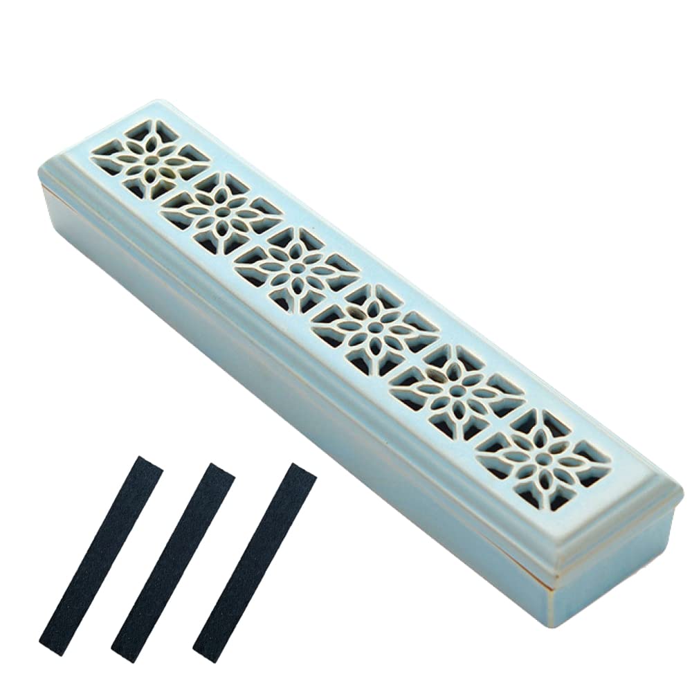 Ailunate Incense Holder, Horizontal Incense Stick Holder, Stylish Ceramic Incense Burner with Lid, Safe and Spill-Proof Ashes (Sky Blue)