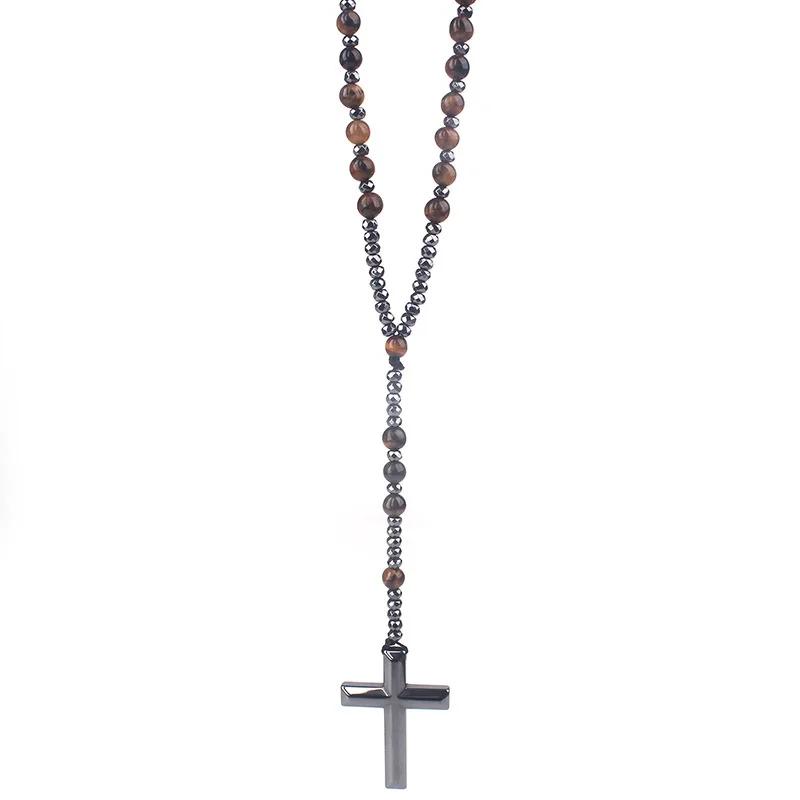 Stone Hematite Cross Car Pendant Catholic Christ Rosary Auto Hanging Meditation Protection Jewelry