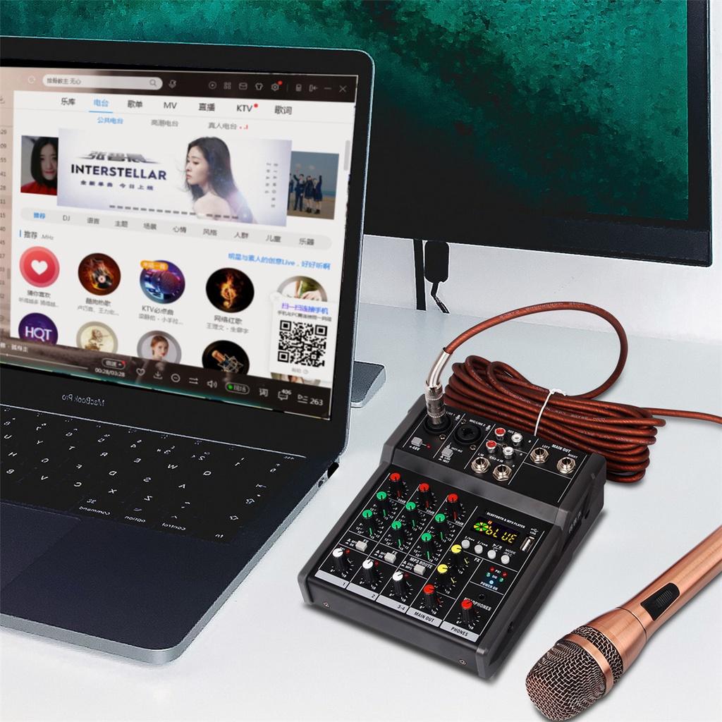 48V 4 Kanallı Bluetooth Ses Kartı Mikser Konsolu Dijital Ses Mikseri MP3 USB Girişi + Müzik Kaydı Karaoke için Phantom Güç