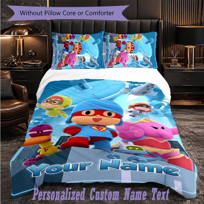 Personalized 3Pcs Bedding SetPocoyó Custom Text Duvet Cover Pillowcase Set Bedroom Gift