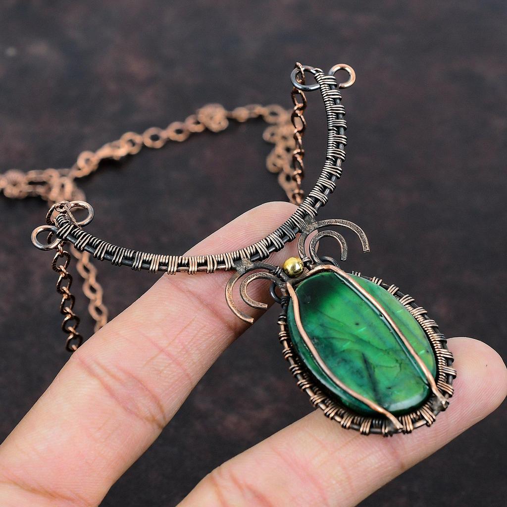 Green Fire Labradorite Gemstone Necklace Copper Wire Wrapped Necklace Adjustable Necklace Handmade Copper Jewelry Wire Wrap Jewelry For Gift
