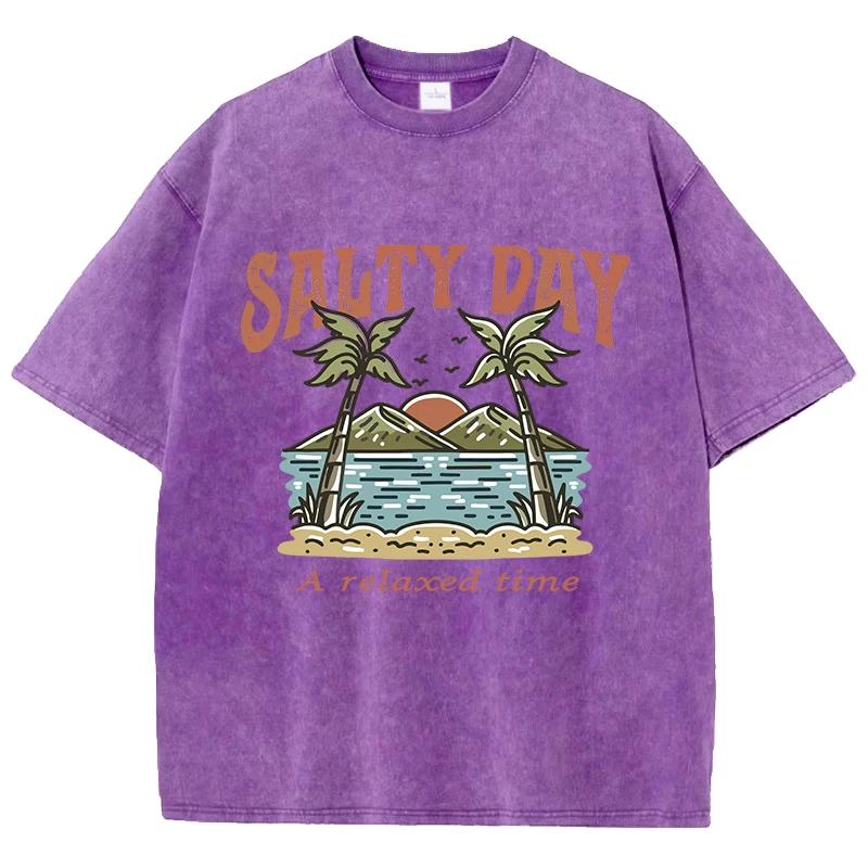 Coconut Tree Beach Printed Washed T-Shirts Cotton Tops Comfortable Distressed O-Neck T Shirts Summer Casual Man Clothes