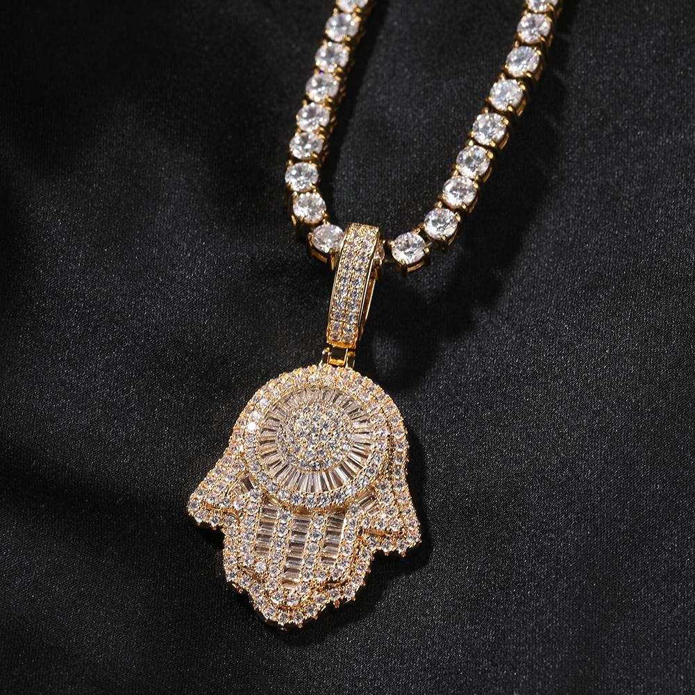 THE BLING KING Double Layer Famita Hamsa Hand Pendant Full Iced Out Bling Cubic Zirconia Necklace Luxury Hiphop Jewelry For Gift