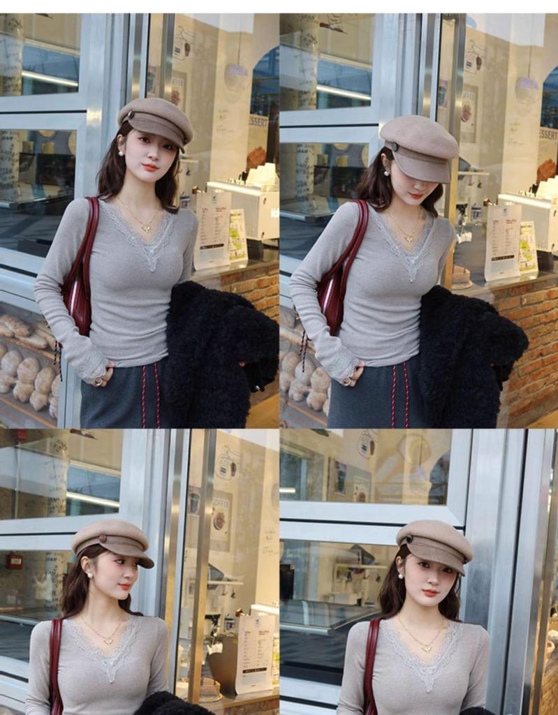 T-shirt à manches longues brossé à col en V pour femme, coupe slim, bordure en dentelle (Collection Automne Précoce 2025)