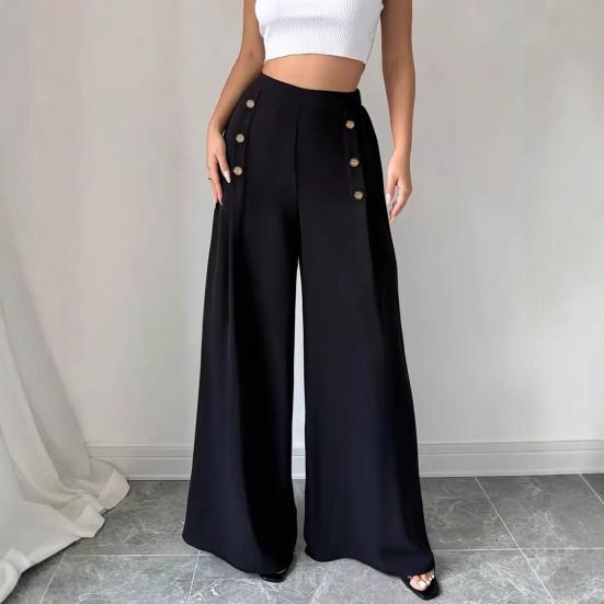 Women Pants Elastic High Waist Buttons Decor Solid Color Trousers Wide Leg Loose Fit Casual Pants Work Travel Daily Wear