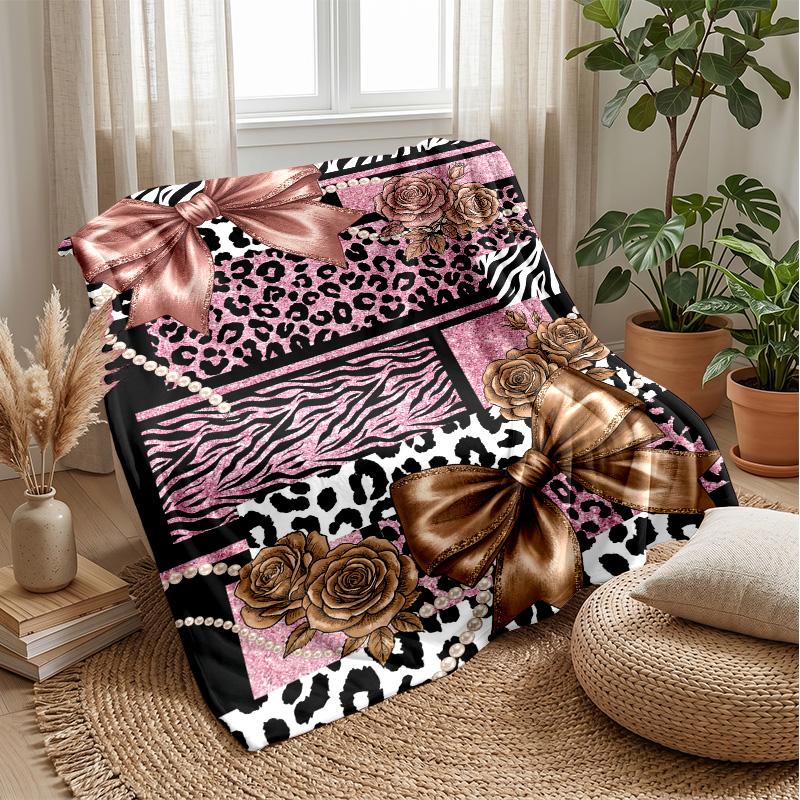 Pink Leopard Roses Bow Theme blanket Lightweight Warm Flannel Blanket Decorative Throw Blanket for Home Decoration