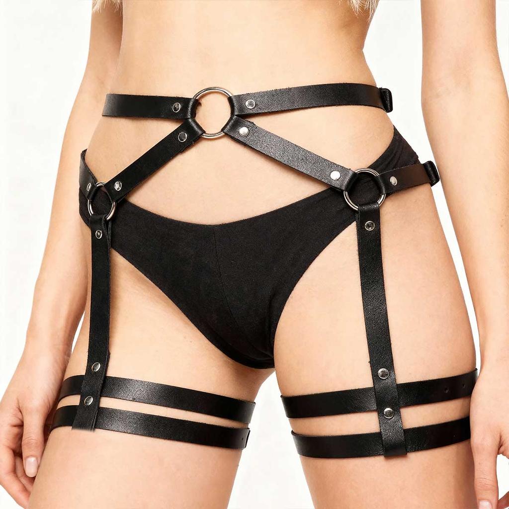 Black Leather Full Body Harness with Cuffs - Adjustable Straps Thigh Sexy Black Faux Leather Thigh Plus Size Lingerie for Women
