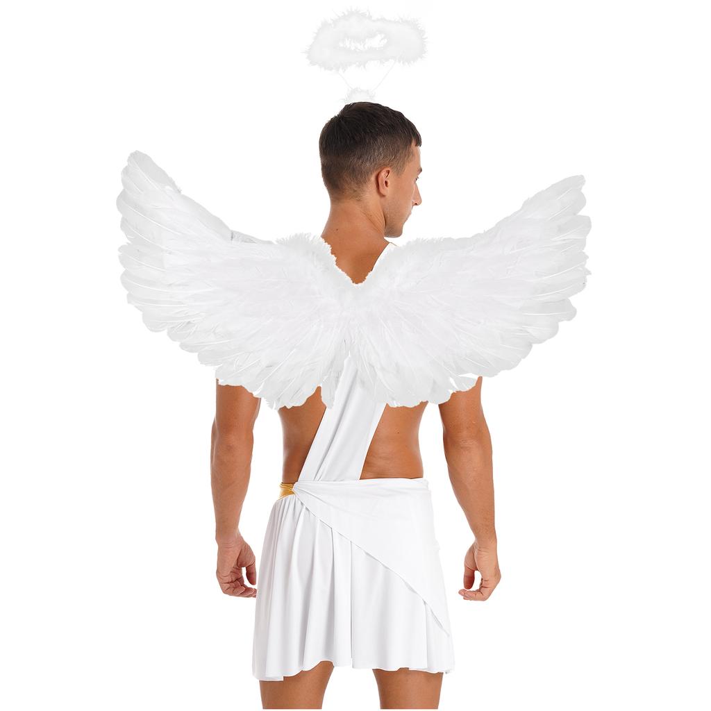 Mens Halloween Angel Costume One Shoulder Strap Ruffle Skirt Feather Angel Wings Hair Hoop Set