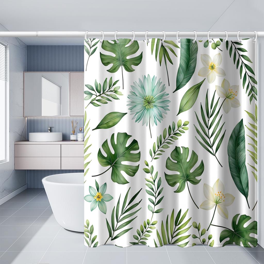 Tropical Botanical Illustration Shower Curtain 1Pc With 12 Hooks For Bathroom Home Decor Polyester 2D Flat Print 70.8X70.8 Inch