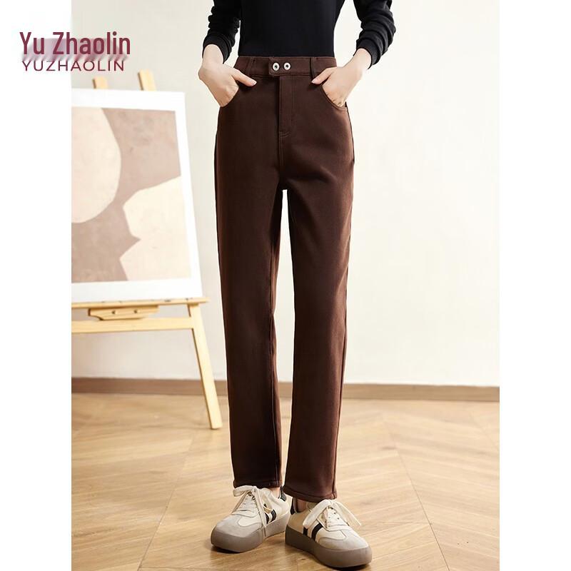 Yuzhaolin Women s High-Waist Loose Straight Wide-Leg Khaki Jeans M