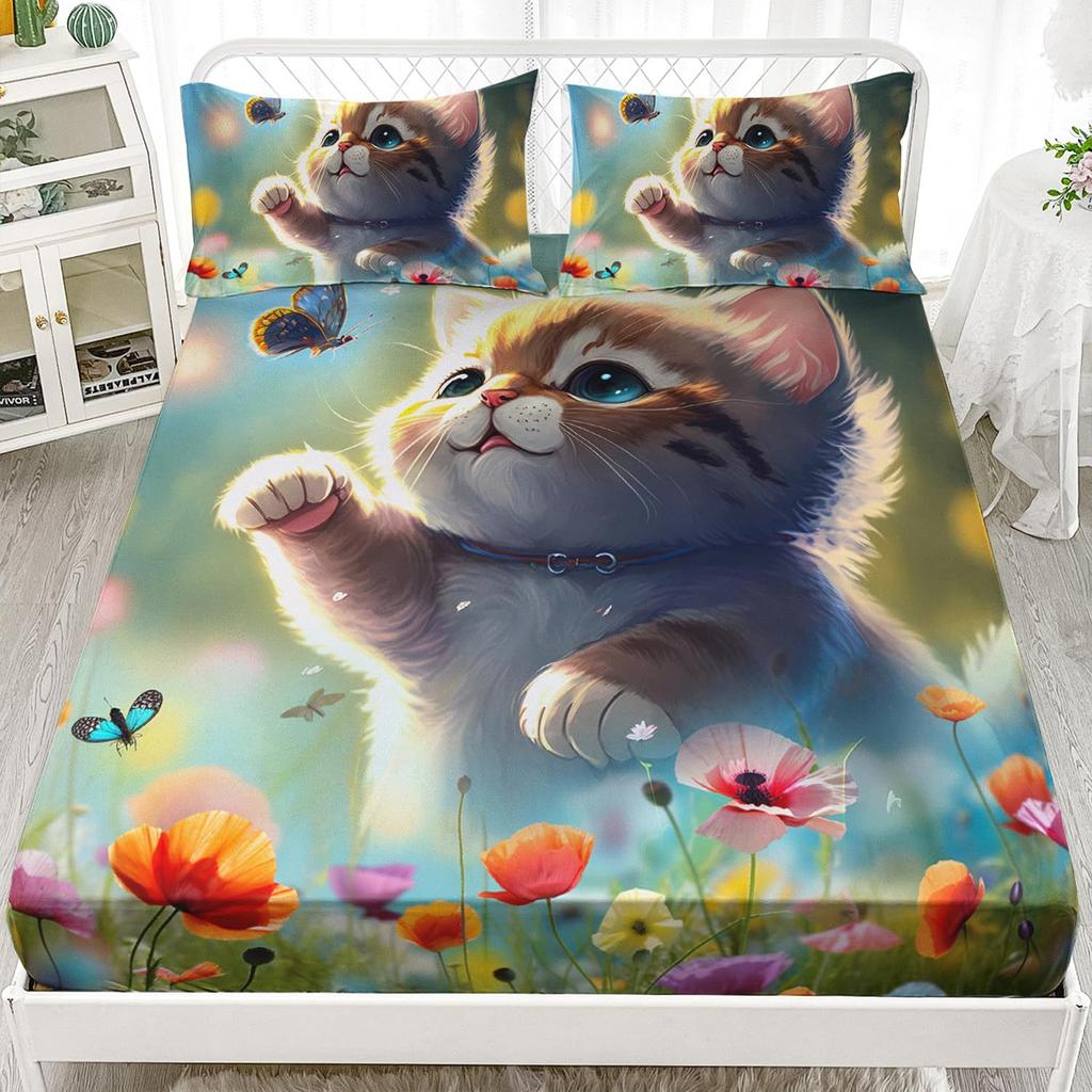 Cartoon Cat Pattern Bed Hat Three-Piece Digital Printing Bedding Bed Hat Three-Piece Set Children And Adults