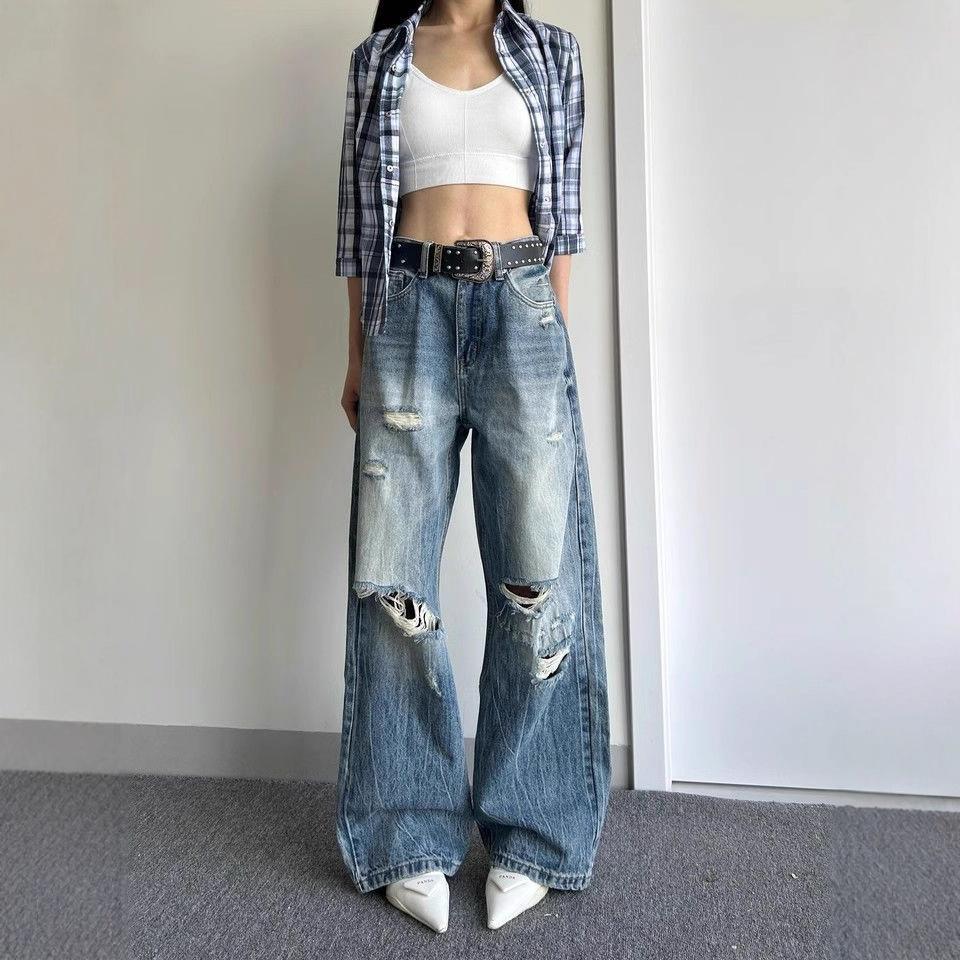 Comfortable Washed Big Yards Broken Holes Wide-legged Jeans Years High-waisted Skinny Old Loose Dragged Trousers Jeans for Women Long Denim Pants