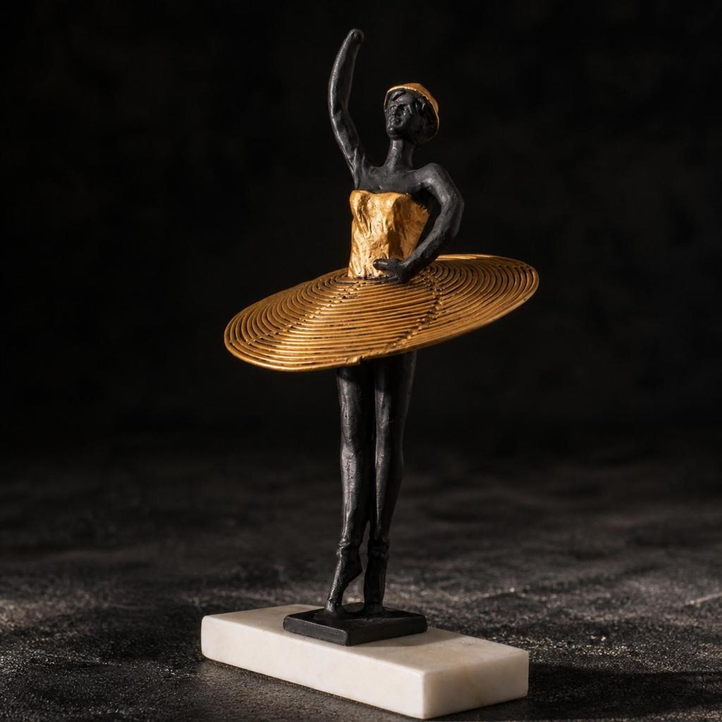 Metal Ballerina Statue with Rectangular Base Golden Dress for Bedroom